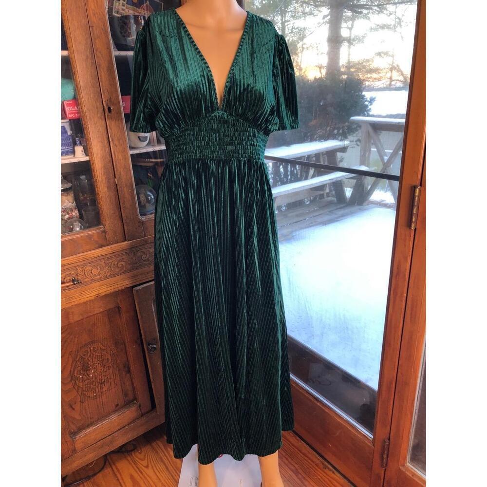 NWT Maxigerui Greenvelvet smock waist V-Neck Short Sleeve Maxi Dress Women small